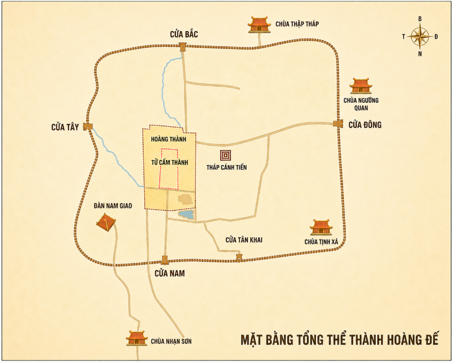 Sơ đồ mặt bằng tổng thể Thành Hoàng Đế với Thành Ngoại, Hoàng Thành, Tử Cấm Thành và các di tích lân cận
